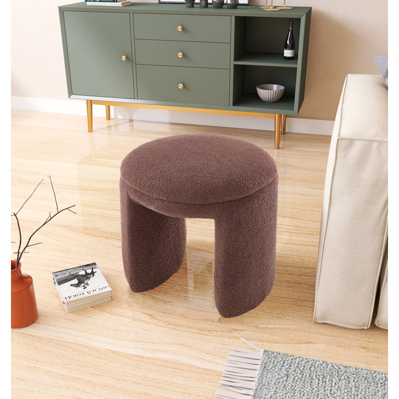 Bowen 18" Wide Round Standard Ottoman, Brown Faux Shearling Teddy Fabric