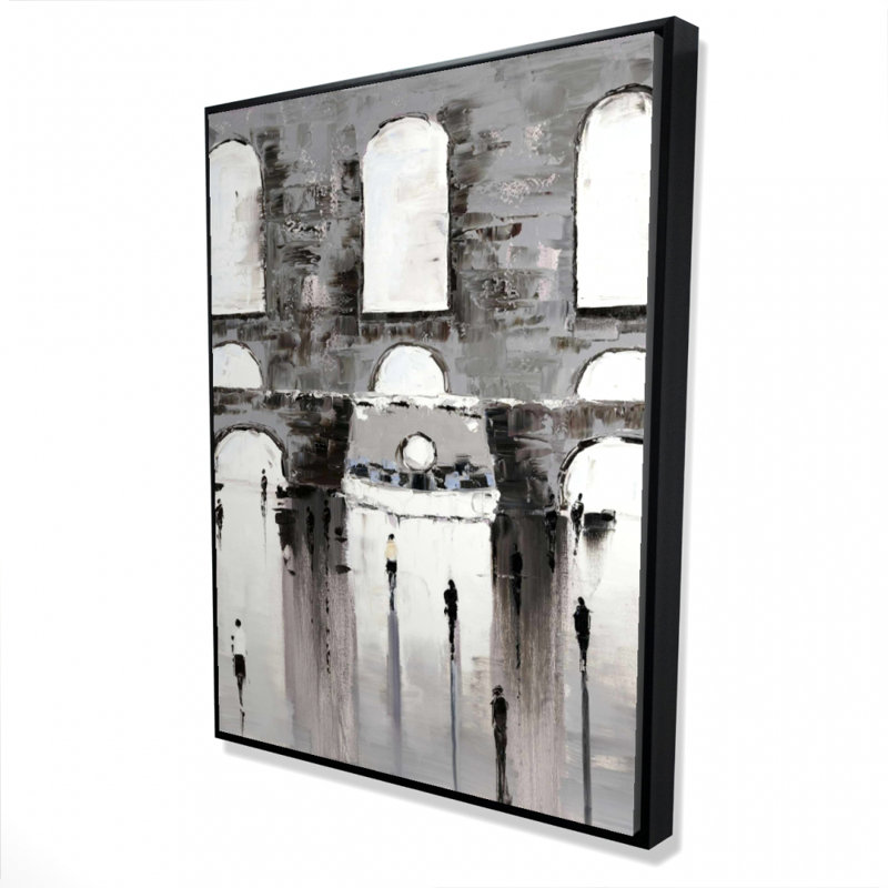 Gray Building With Passersby Print On Canvas
