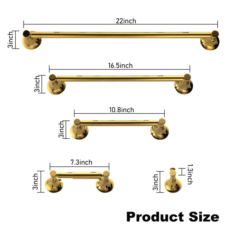 6 - Piece Bathroom Hardware Set, Brushed Gold, 3" H x 22" W x 3" D