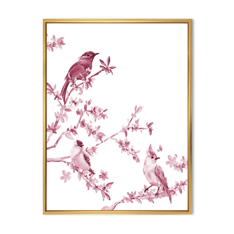 Beaux oiseaux roses - peinture sur toile, H 40 po x l 30 po x 1,5 po, Encadrement doré