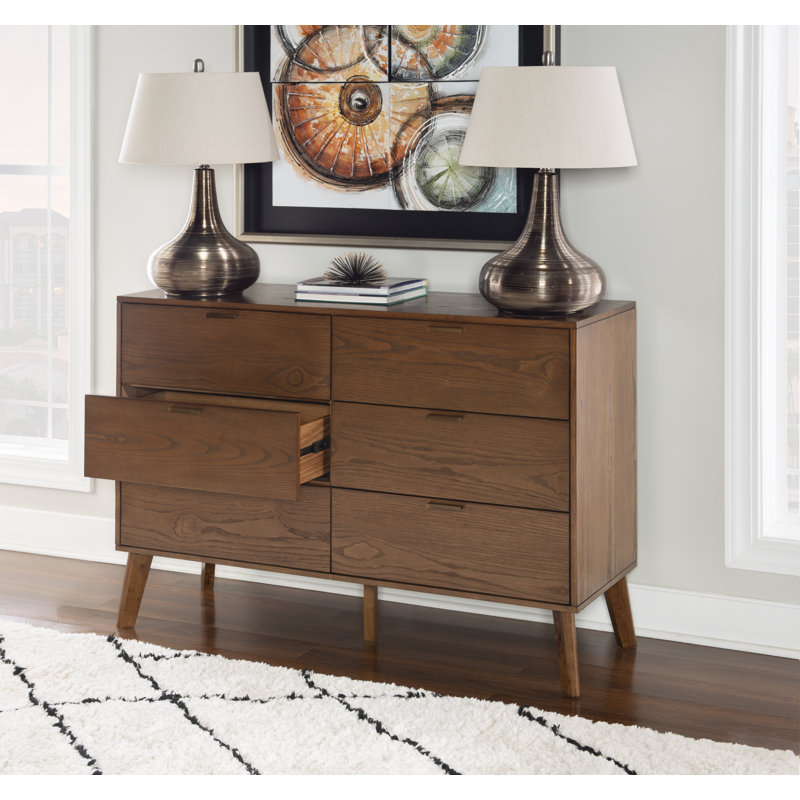 Mathiatis Mid Century 6 Drawer 50'' W Double Dresser, Brown