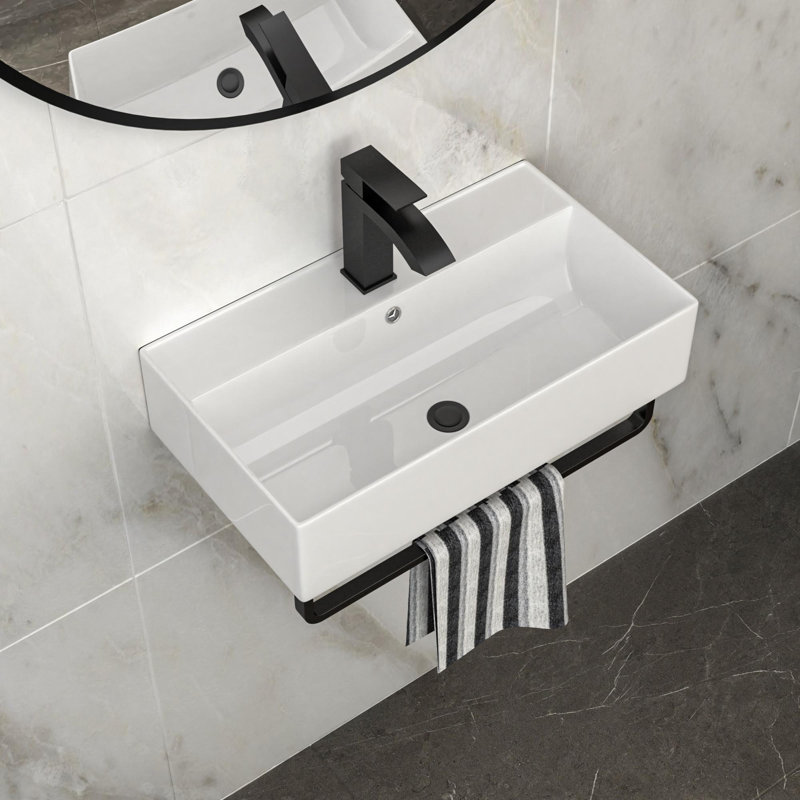 Wall-Mounted Single Bathroom Sink with Towel Rack, Black