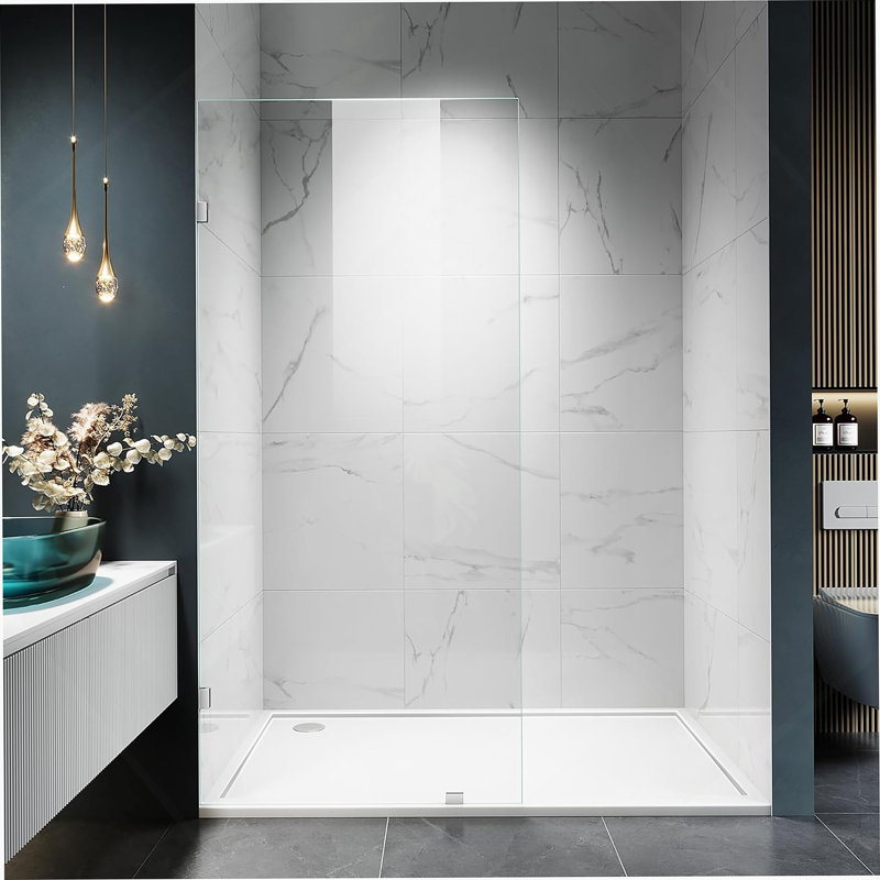 Panneau de douche en verre trempé de 30 po x H 72 po, panneau de douche fixe en verre sans cadre avec pinces, porte de douche en verre trempé de 3/8 po (10 mm)