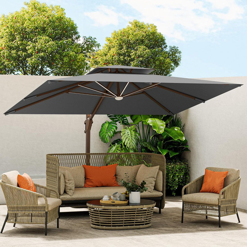 Gray 10 x 13 FT Cantilever Outdoor Patio Umbrella with LED Lights