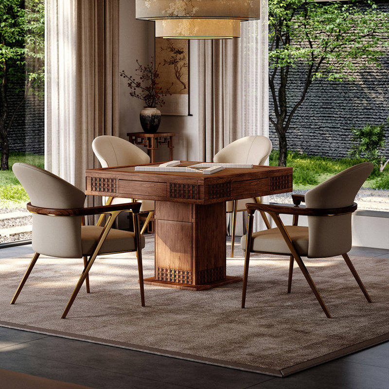 Solid Walnut Wood Carved Fully Automatic Silent Mahjong Dining Table for Chinese Rules