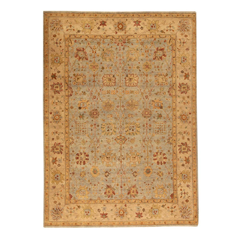 Tapis bleu / ivoire noué à la main de conception unique 8 pi 11 po x 12 pi 5 po