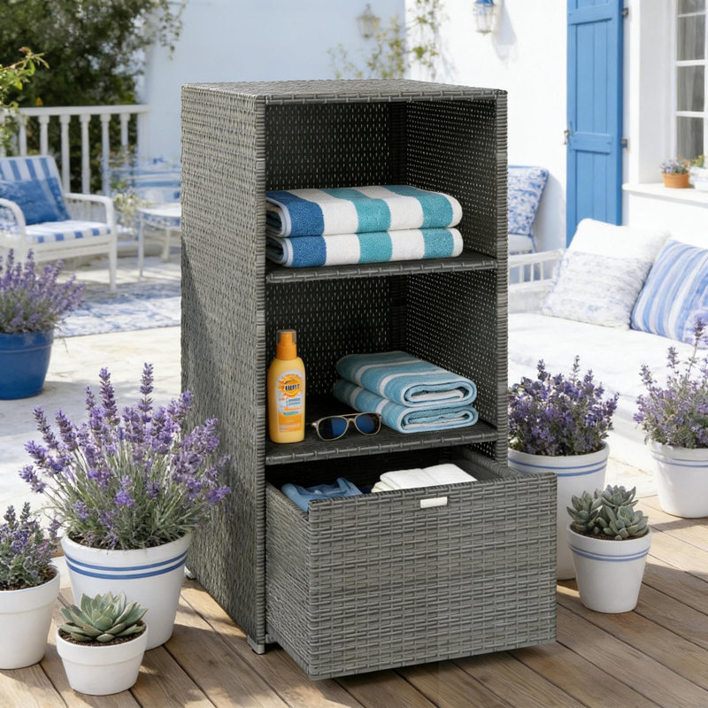 Outdoor Rattan Deck Box With Drawer And Shelf, Dark Grey