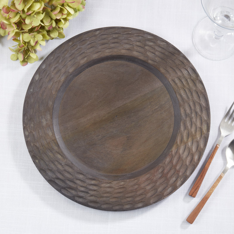 Assiettes décoratives texturées en bois de manguier texturé (ensemble de 4) - Chargeurs de table ronde rustique pour salle à manger et réception, 13 po