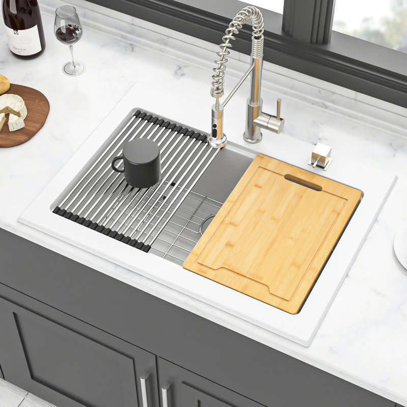 30X22" White Quartz Kitchen Sink Drop - In Workstation, Smooth Surface, Eliminates Vibration, Reduces Dirt, Comes With Colander And Installation Guide Workstation Sink, Composite, Quiet Operation,