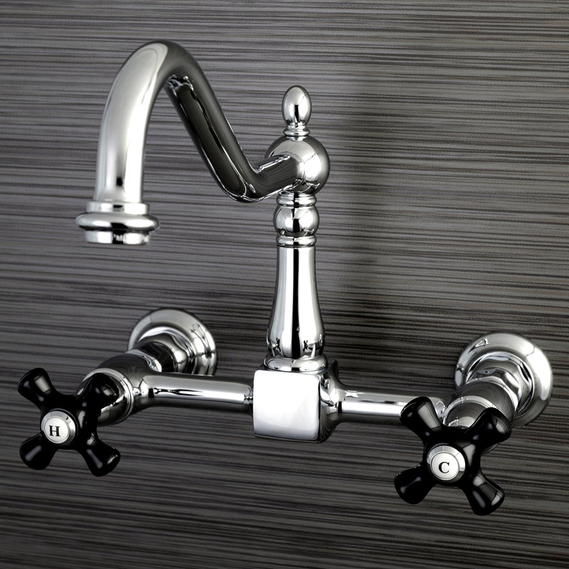 Kingston Brass Duchess Double-Handle 2-Hole Wall-Mount Bridge Kitchen Faucet, Polished Chrome/ Trim Black