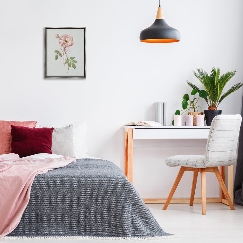 Zinnia rose avec ruban, Cadre flottant gris lustré, H 21 po x l 17 po