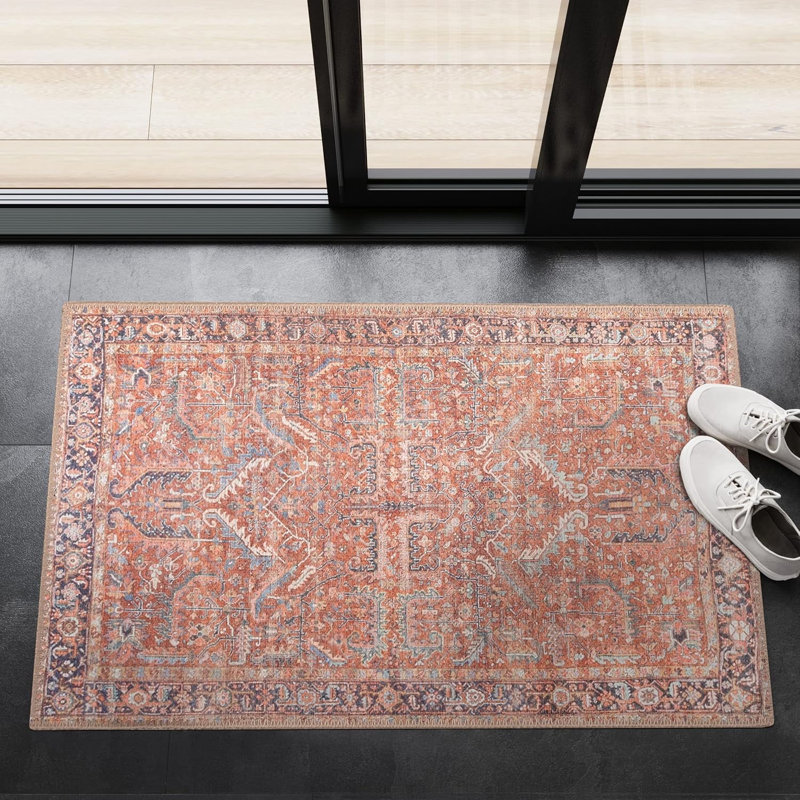 GLN Rugs Traditional Collection - Machine Washable Area Rug, Traditional Washable Rug, Non Slip Washable Rug, Low Pile Chenille Living Room Rug, Bedroom Rug, Kitchen Rug (Terra Cotta Rug)