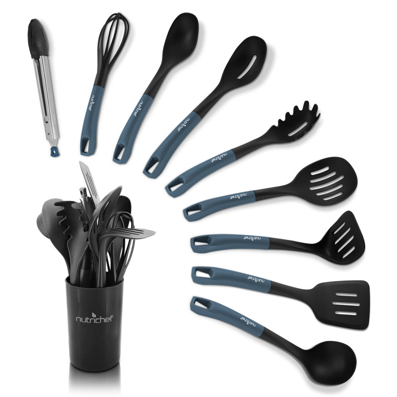10 pièces Ensemble d'ustensiles de cuisine en silicone résistant à la chaleur - Outils de cuisson antiadhésifs avec support en PP (gris et noir)
