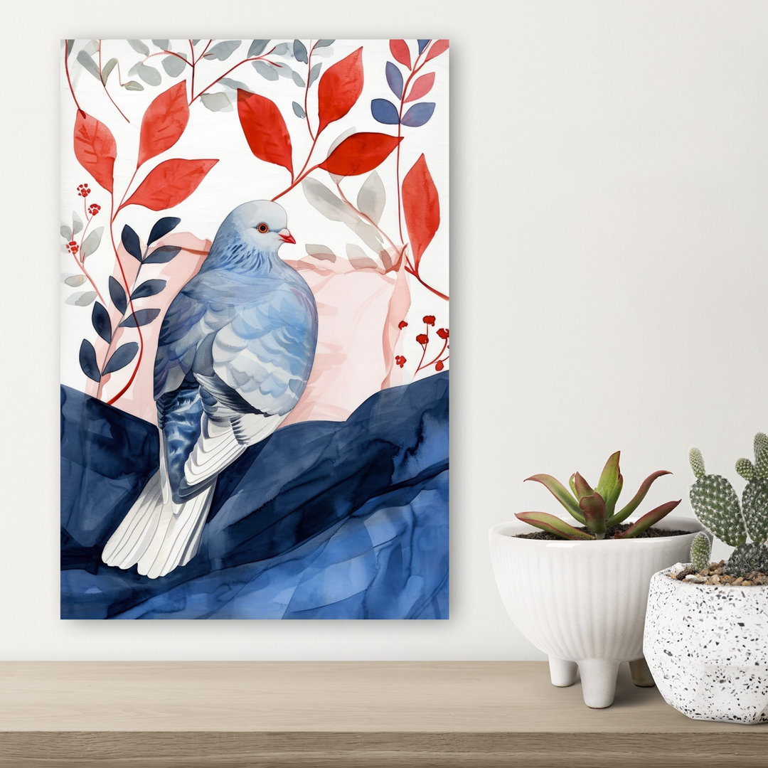 Blue Dove Red Leaves Peaceful Serene Abstract Bird Autumn Nature Wall Art Print