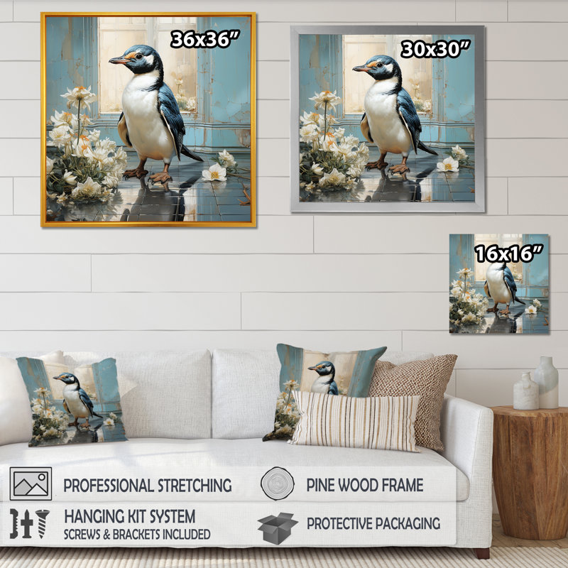 «White Penguin Floral Parade», art mural animal corbeau, H 16 po x l 16 po x P 1 po, Toile tendue