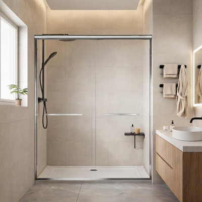 Porte de douche coulissante double avec cadre en aluminium chromé de 56 à 60 pouces, verre trempé transparent à revêtement nano et poignées doubles en acier inoxydable