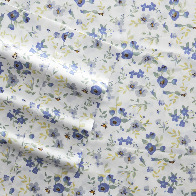 Light Blue Floral Microfiber Full Bed Sheet Set