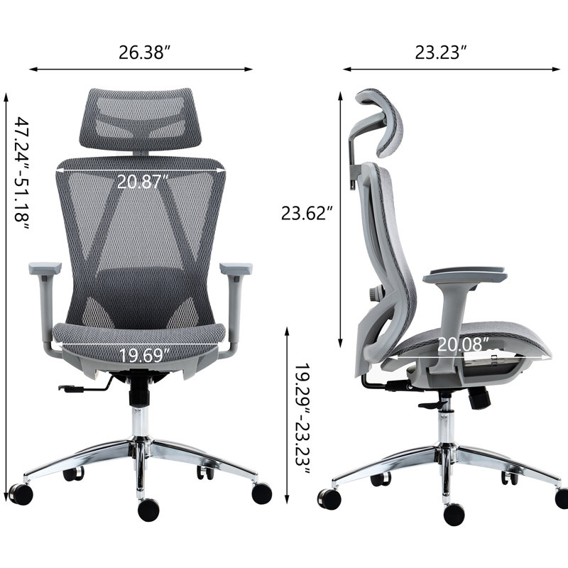 Breathable Mesh High Back Office Chair With Adjustable Lumbar Support, Height-Adjustable , 3D , Grey Color, Art Style For Environment, Foam Filler Design Work, Fill