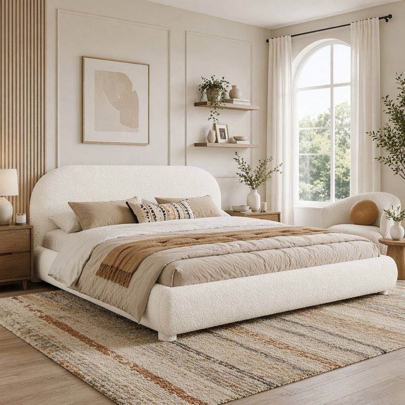 Lit tapissier simple avec lit double moderne, Crème, Très grand lit