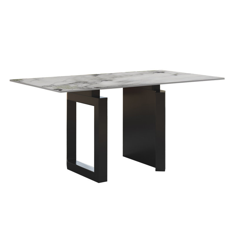 Table de salle à manger blanche avec 2 pieds piédestal noirs, H 29,53 po x l 31,5 po x L 55,12 po