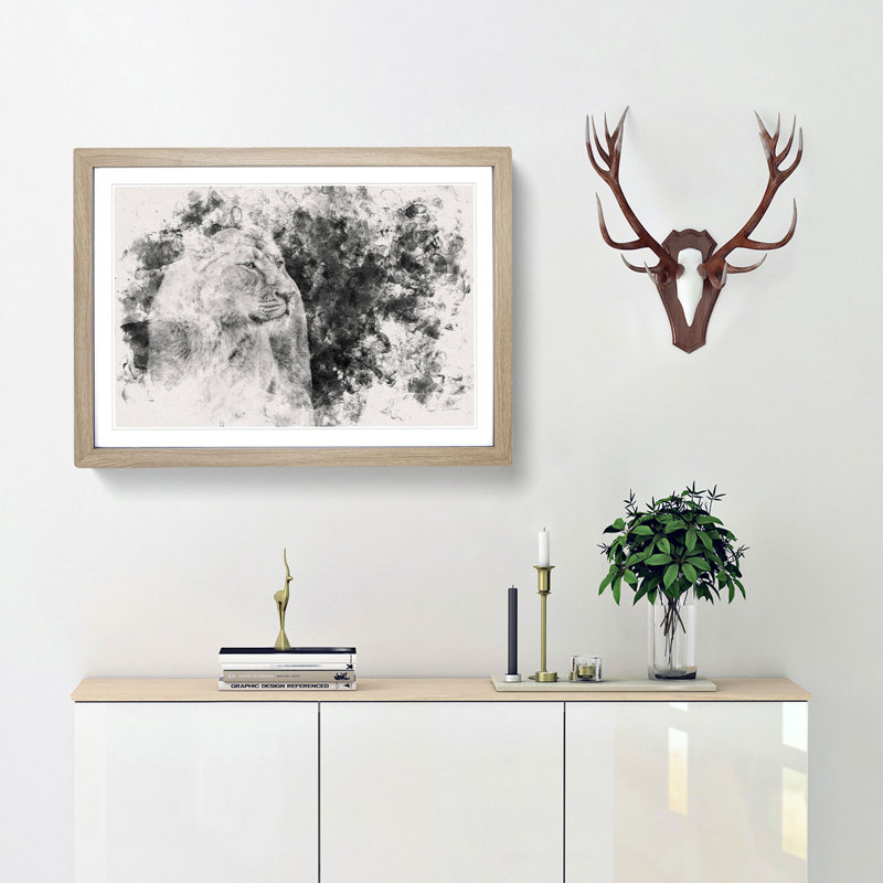 Wild Lioness Watercolour - Framed Print, 62cm H x 87cm W x 2cm D, Oak