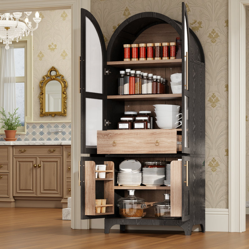 4 Doors Arched Two-Tone Kitchen Pantry Cabinet with Adjustable Shelves and Hidden Drawer, Black