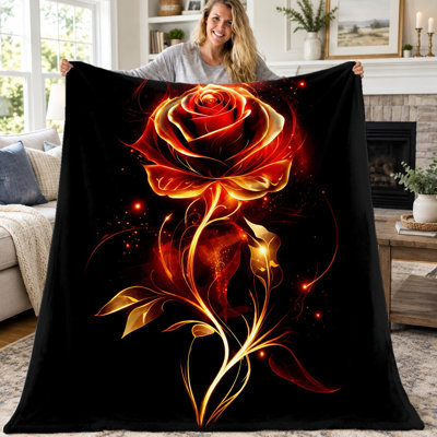 1pc Fire Rose Blanket, Fantasy Burning Rose Flower Warm Flannel Throw, Soft Cozy Lightweight Blanket for Sofa Couch Bed Living Room Bedroom Dorm Office Travel, Home Decor All‑Season Gift,