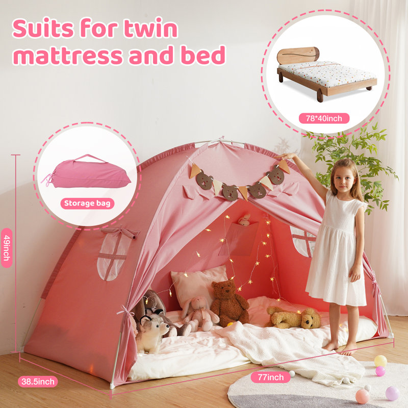 Twin Bed Tent, Bunk Bed Tent Twin Size Bed Tents with Stars Lights & Flags, Breathable Sleeping Tent Privacy Space Dream Play Tent