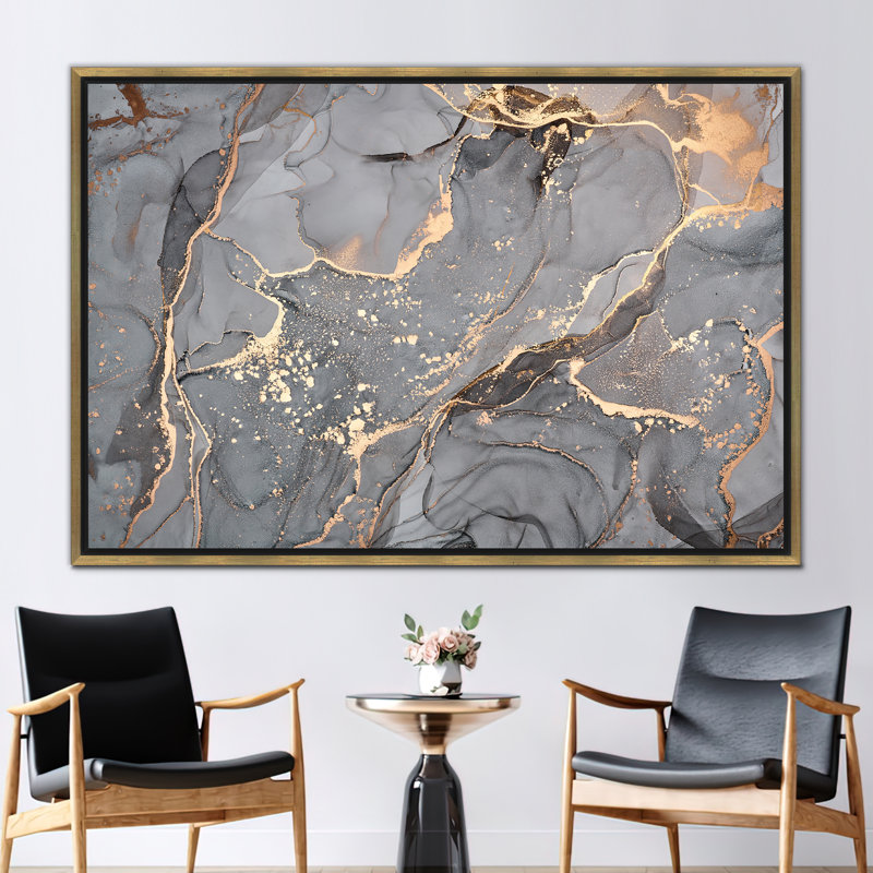 Modern Abstract Art Canvas - Luxury Marble Print Alcohol Ink Poster, Gold Floater Framed, 40 cm H x 60 cm W