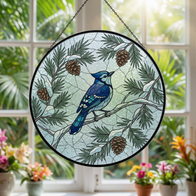 Blue Jay Stained Glass Window Panel，12"H