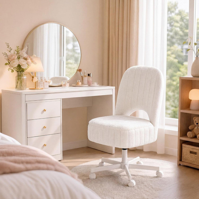 Tabouret de rangement avec hauteur réglable, pivotant à 360 °, dossier rabattable et roues silencieuses, repose-pieds en fausse fourrure