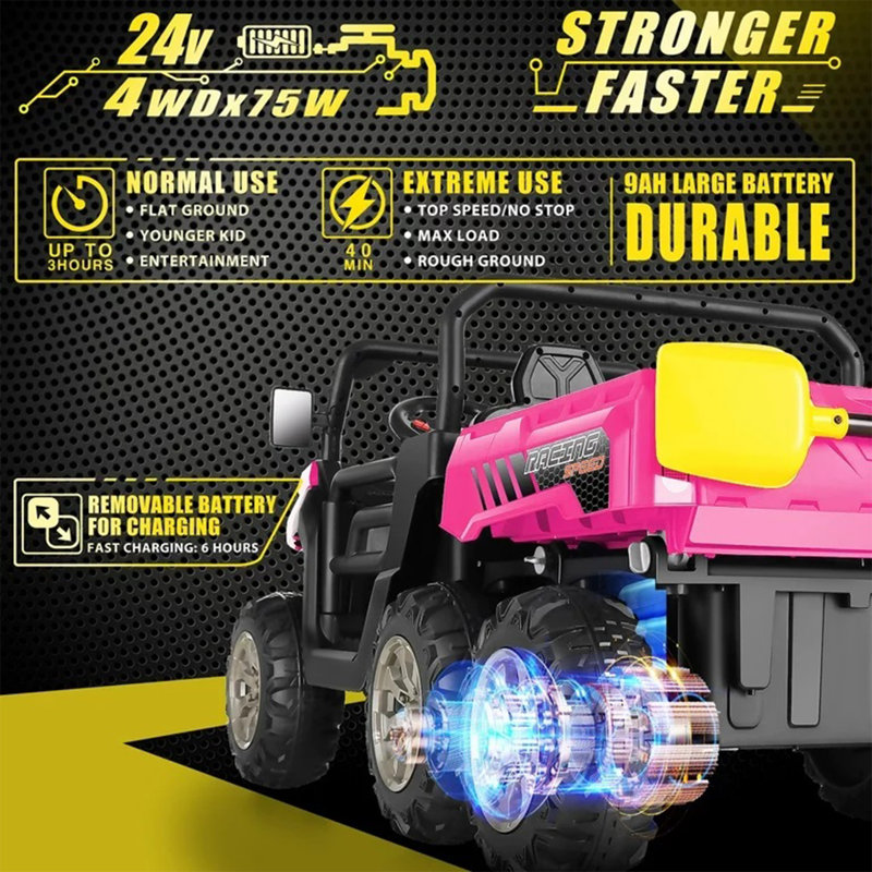 Pink 24V Kids Ride-On Truck with Remote Control and Electric Dump Bed