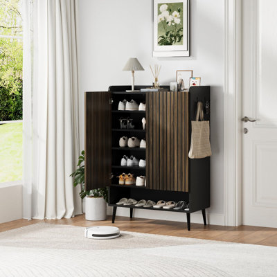 Shoe Cabinet Large Shoe Cabinet with 2 Doors Adjustable Shelves Shoe Organizer with Doors for Hallway Entryway Living Room Black and Nut Brown