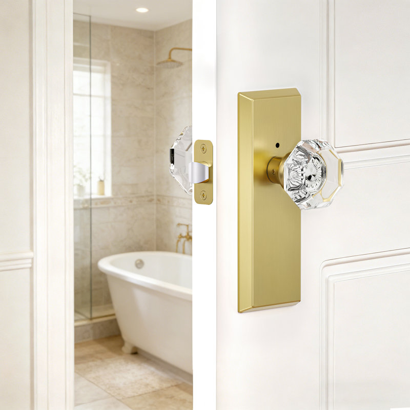 Bouton de porte d'intimité en laiton satiné et cristal octogonal, Laiton satiné, Intimité