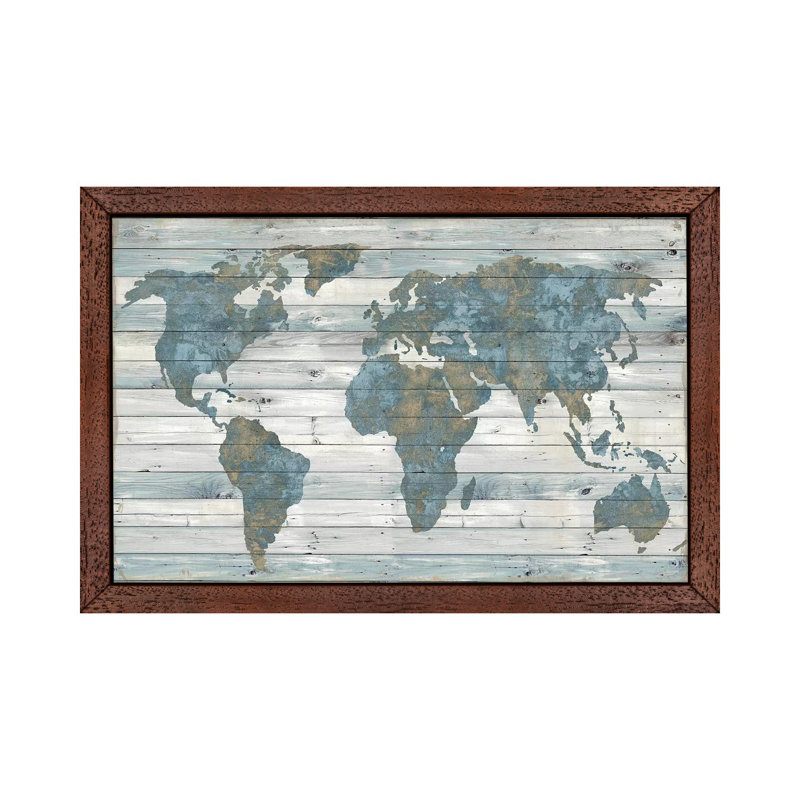 World Map On Wood by Janie Macdowell - Wrapped Canvas Print, 101.6 cm H x 66.04 cm W, Brown Framed