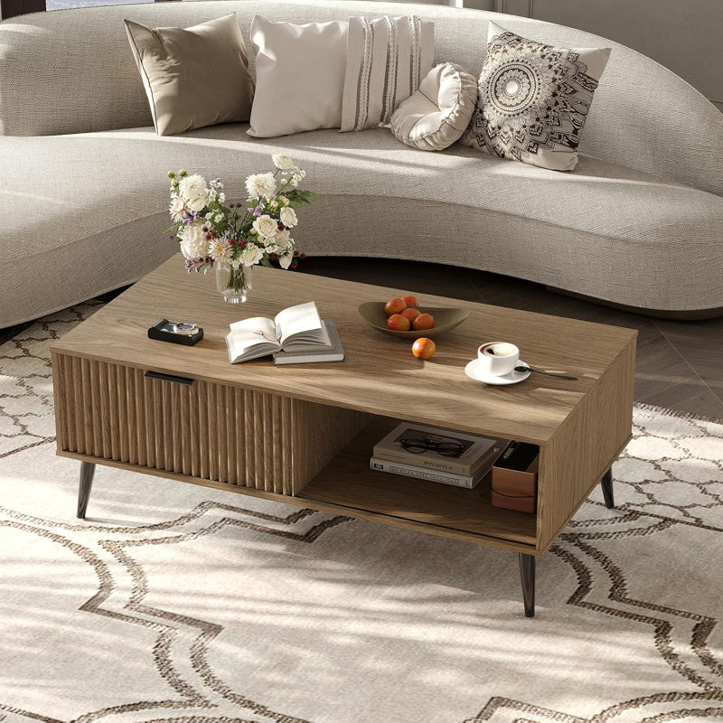 Table basse avec rangement, table basse en bois à 2 niveaux avec porte coulissante, pieds en bois massif, Blanc