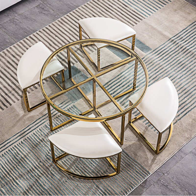 Tubac 35"W Nesting Round Glass top Coffee Table with PU Upholstered stool