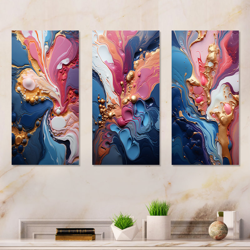 Trippy rose bleu abstrait liquide encre I, H 28 po x l 36 po