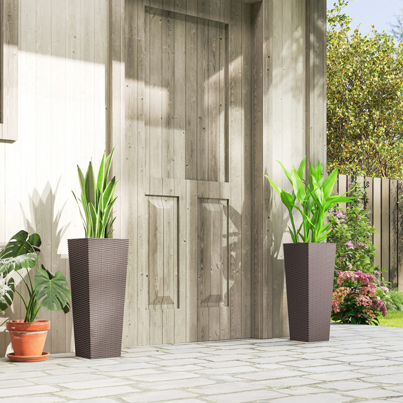 23.6 Inch Tall Planters for Outdoor Plants, Set of 2 Plastic Rattan-Like Flower Pots with Drainage Holes, Stackable Tapered Planters for Indoor Plants, Front Porch, Brown