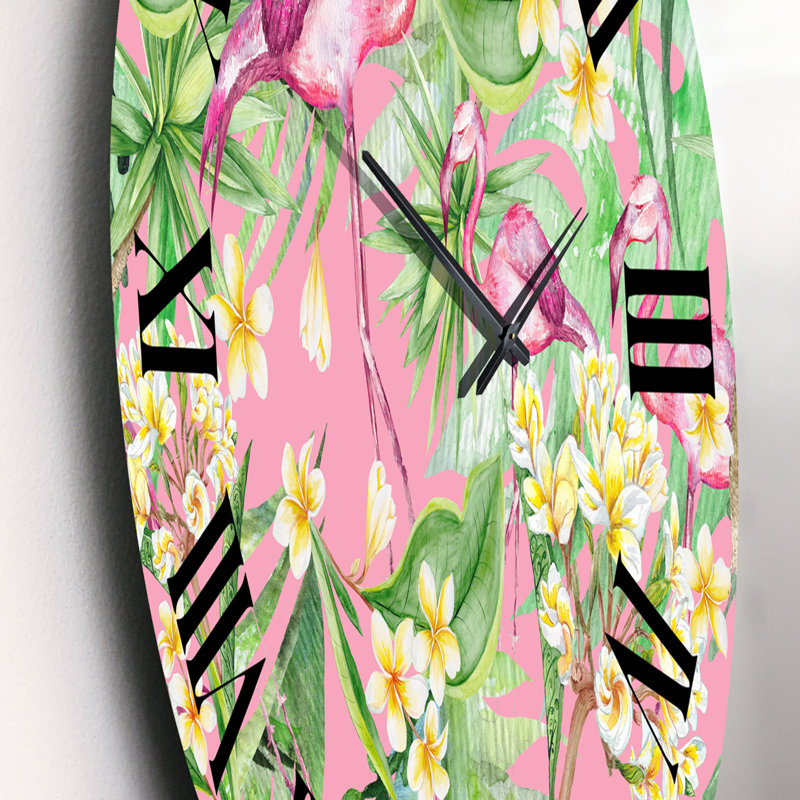 Horloge murale moderne feuillage tropical, fleurs jaunes avec flamant III, Petit