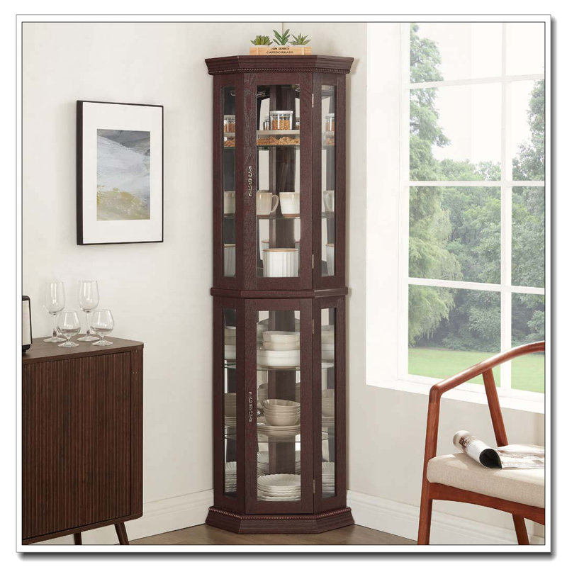 Armoire de coin en verre avec éclairage, Cerisier