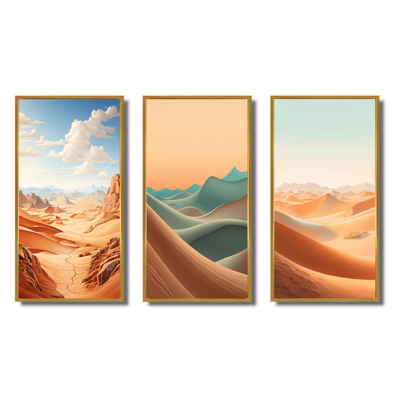 «Desert Dunes», 3 pièces sur toile, Cadre flottant doré, H 28 po x l 36 po