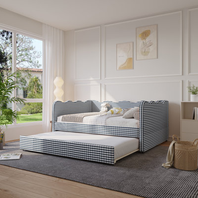Linen Upholstered Gingham Daybed With Trundle, Usb Charging Port & Wave-Shaped Design, No Box Spring Needed