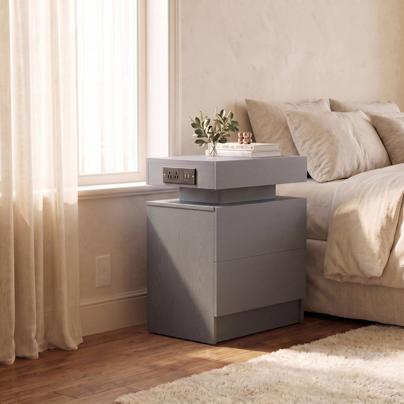 Westerly Wooden Nightstand with Charging Station, Gray, 2
