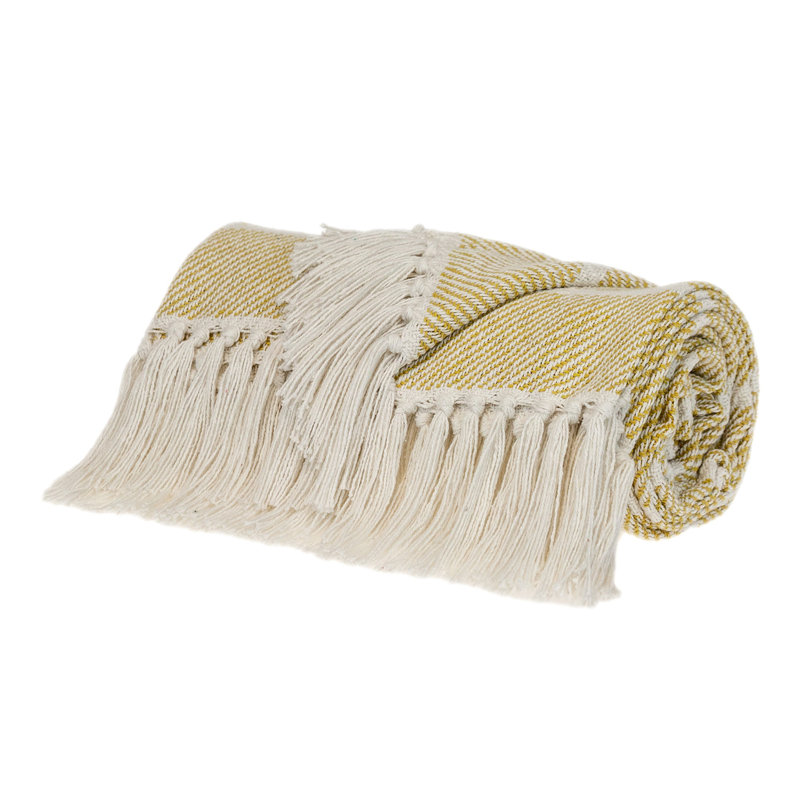 Jeté rayé en coton tissé, Rayé jaune