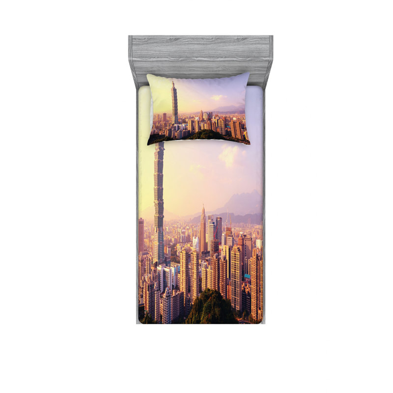 Ensemble de draps Evening Skyline of Taipei, Ensemble de draps pour lit simple avec drap-housse
