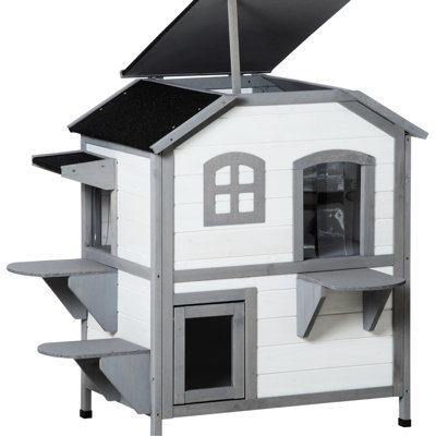2-Story Outdoor Cat Hideaway - Wooden Enclosure For Cats, Escape Door, Open Roof, Jumping Platforms, White Palace With Hatch Cats Weighing Less Than 10 Lbs, Openable