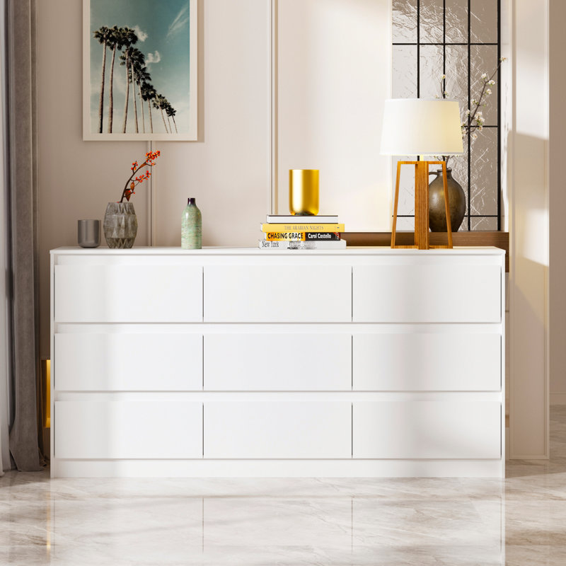 Modern 9-Drawer Dresser With Mechanism And Sleek Minimalist Design, White