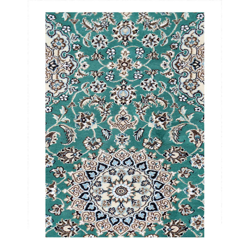 Green Fine Hand Knotted Persian Silk & wool Nain 2'x 6'6"