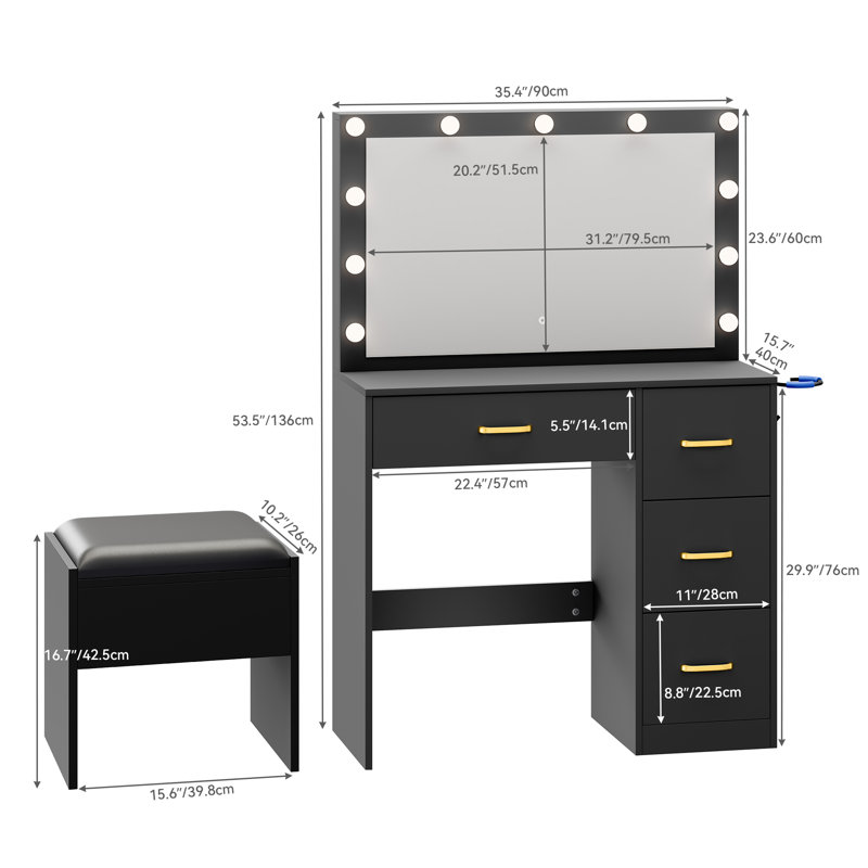 Aimara Dressing Table with Mirror, Black